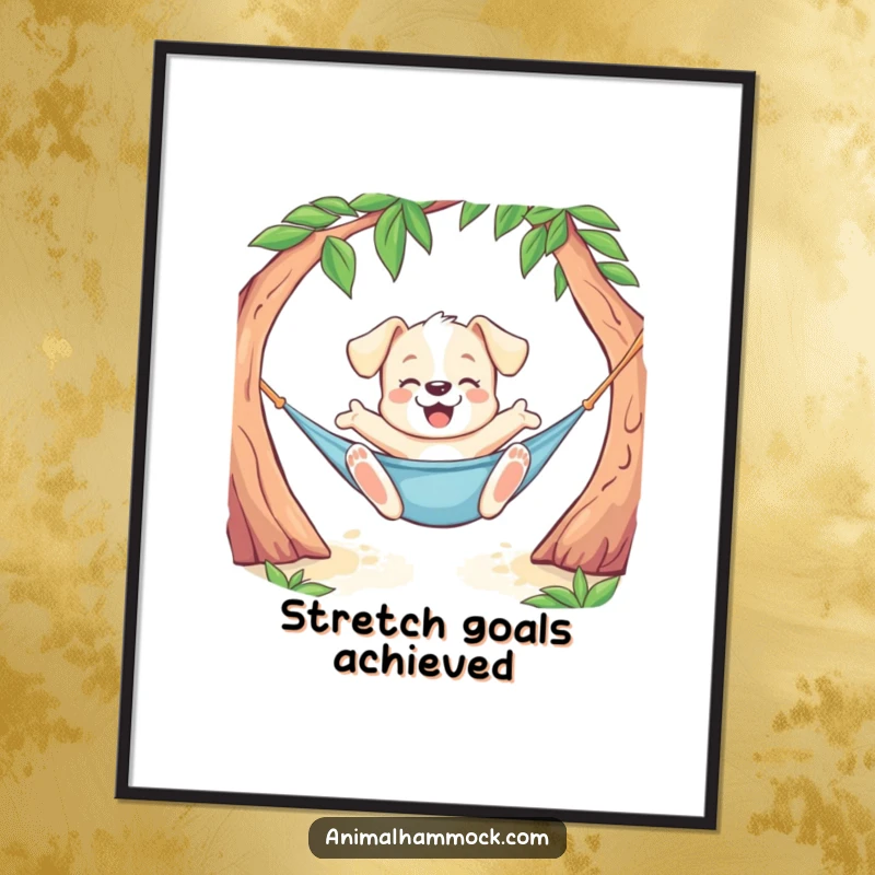 Funny Puppy Digital Art Print of a playful dog doing a joyful stretch while lounging in a hammock, bringing humor and happiness to any screen.