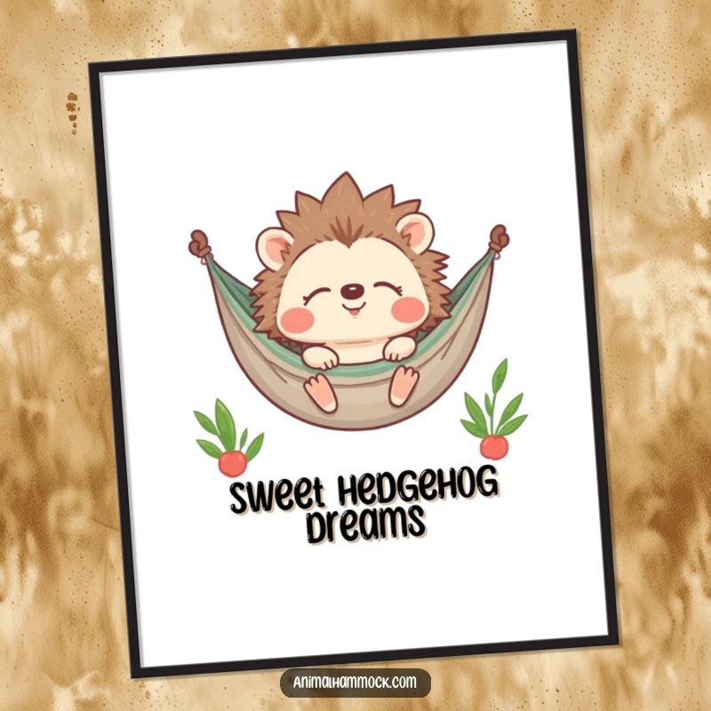 Funny Hedgehog Digital Art Print of a contented character smiling with closed eyes while relaxing in a hammock, bringing humor and tranquility to any screen.