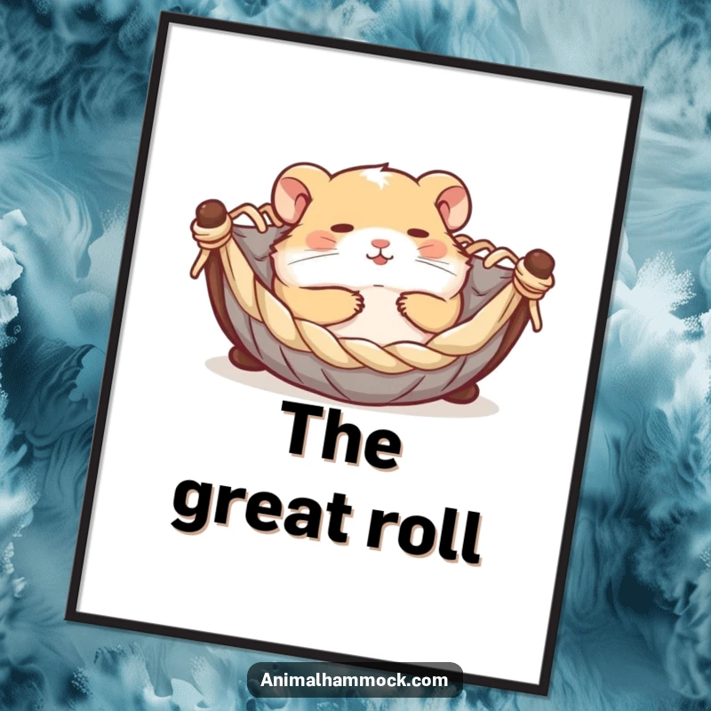 Funny contented hamster rolling joyfully in a miniature hammock, high-resolution digital art print, capturing happiness and charm for home decor.