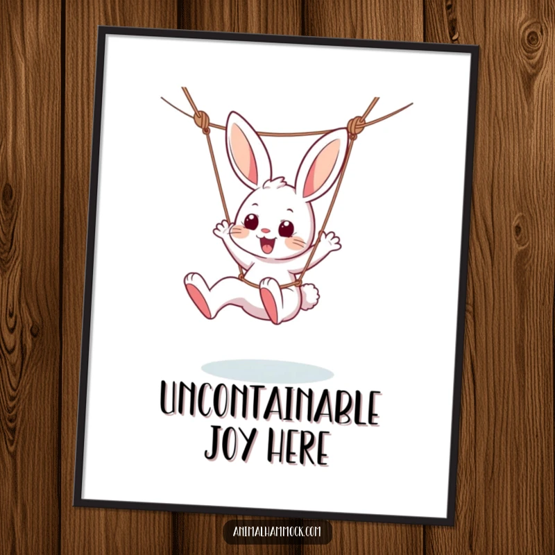 Funny digital art print of a gleeful bunny character kicking its legs in a hammock, capturing pure playful energy and happiness.