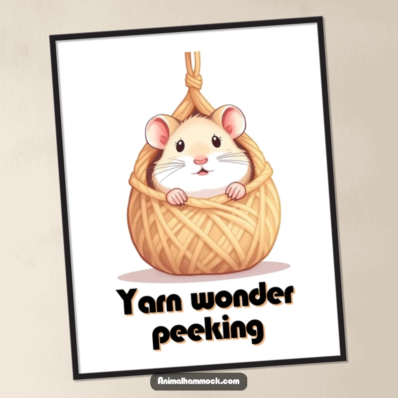 Funny hamster digital art print of a curious hamster peeking from a tiny hammock made of yarn, perfect for charming wall decor, a unique funny gift.