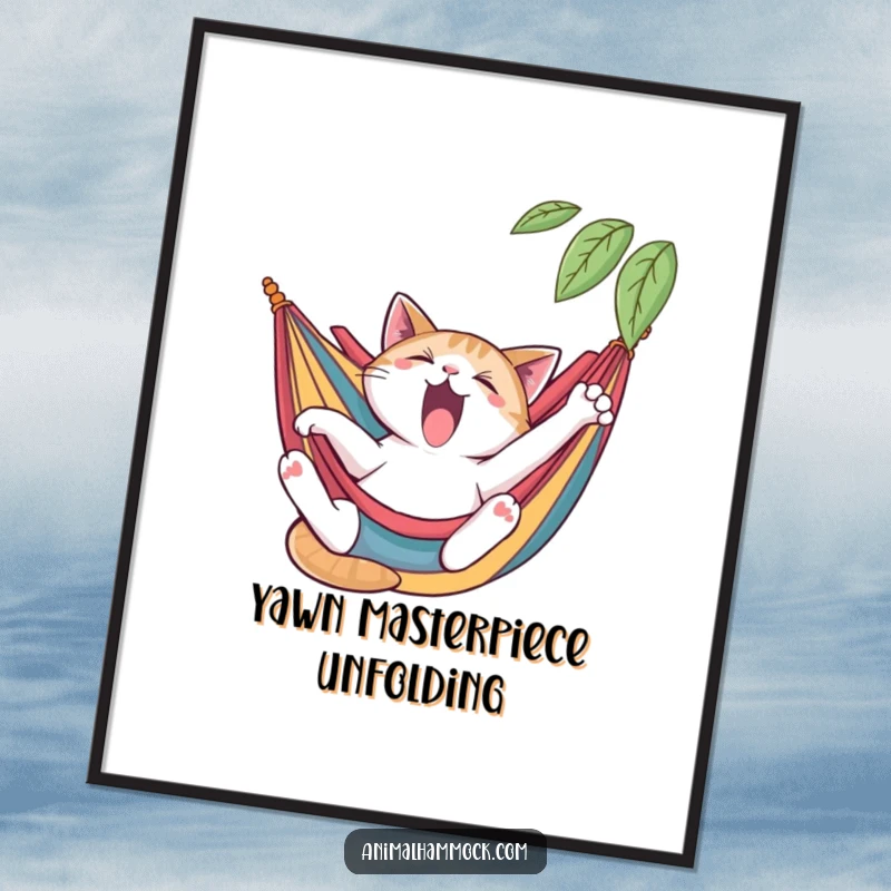 Funny cat digital art print of a yawning cat stretching languidly in a colorful hammock, perfect for relaxing wall decor, a unique funny gift.