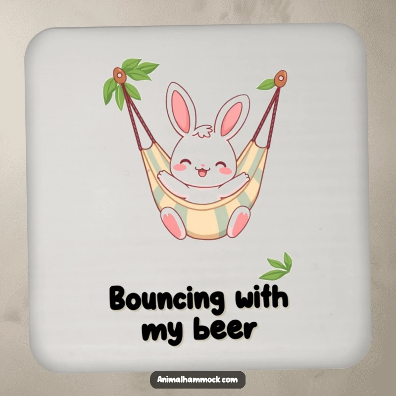 Funny Bunny Coasters, a cheerful bunny character bouncing gently in a striped hammock, guarding surfaces with charm.