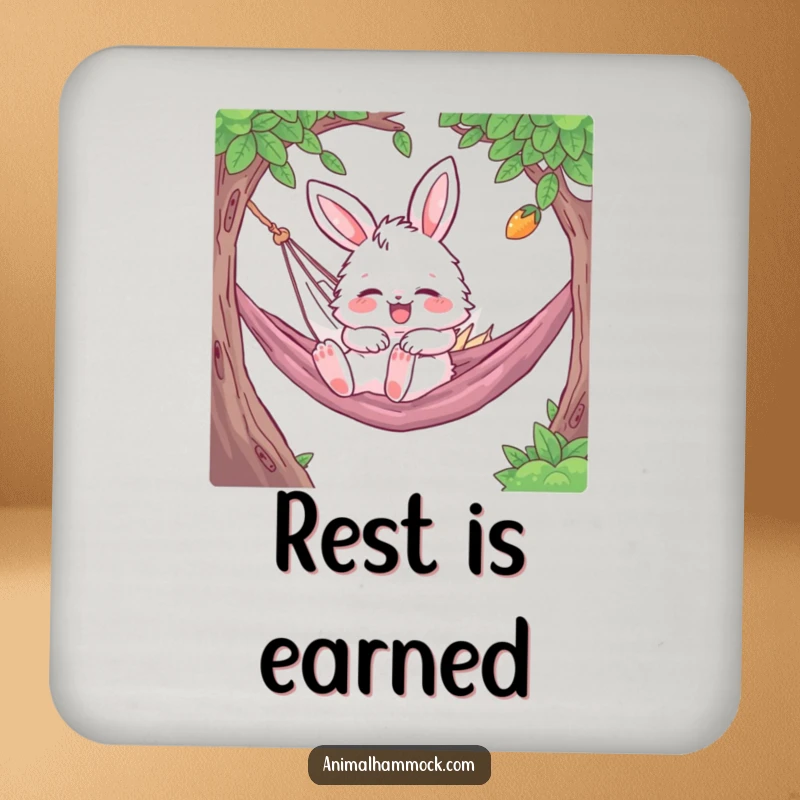 Funny Bunny Coaster depicting a fluffy character gleefully bouncing while napping in a hammock, protecting surfaces with a humorous touch.