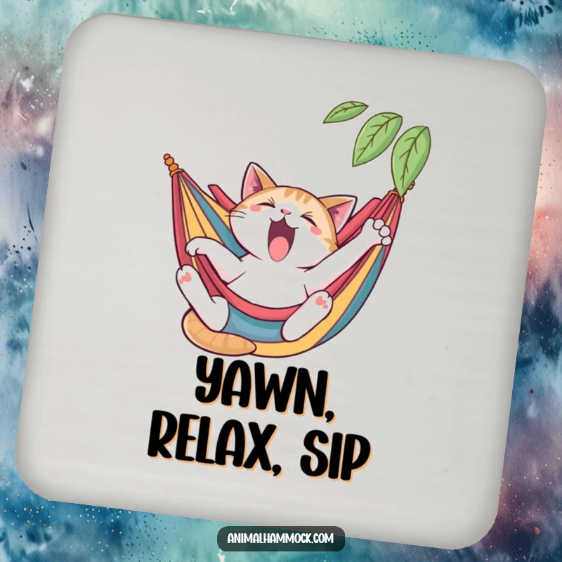 Funny cat coaster with a yawning cat stretching languidly in a colorful hammock, protecting surfaces with humor, a great funny gift.