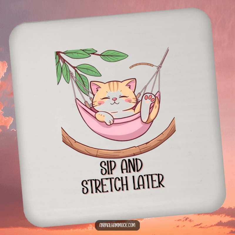 Funny Cat Coasters: A set of coasters featuring a cat in a hammock, offering comedic protection for surfaces and a playful vibe.