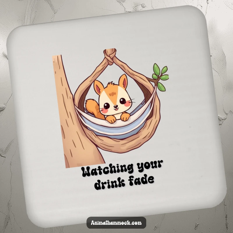 Funny coaster with a curious squirrel peeking from its hammock in a cozy nest, adding whimsical charm to tabletops.