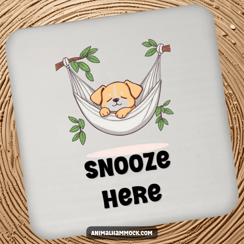 Funny coaster featuring a dog sleeping soundly in a hammock, offering protection and a dose of adorable humor. Good gift.