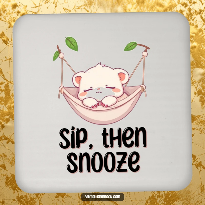 Funny Coasters: A tiny creature napping peacefully in a hammock, paws dangling, adding a serene touch to tables.
