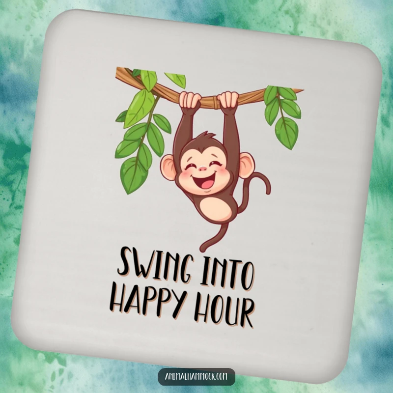 Funny monkey drink coaster with a giggling primate dangling upside down from a hammock, bringing humorous protection to tables.