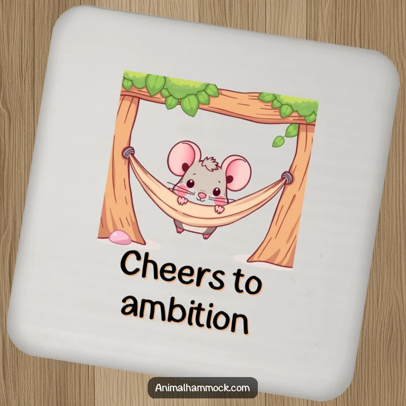 Funny drink coaster showing a determined mouse character peeking out from under a hammock, adding a touch of intrigue.