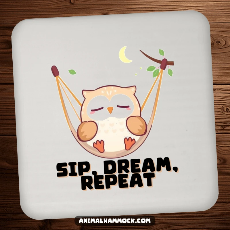 Funny round owl dreaming while floating in a hammock design on protective drink coasters, adding humor to any table.