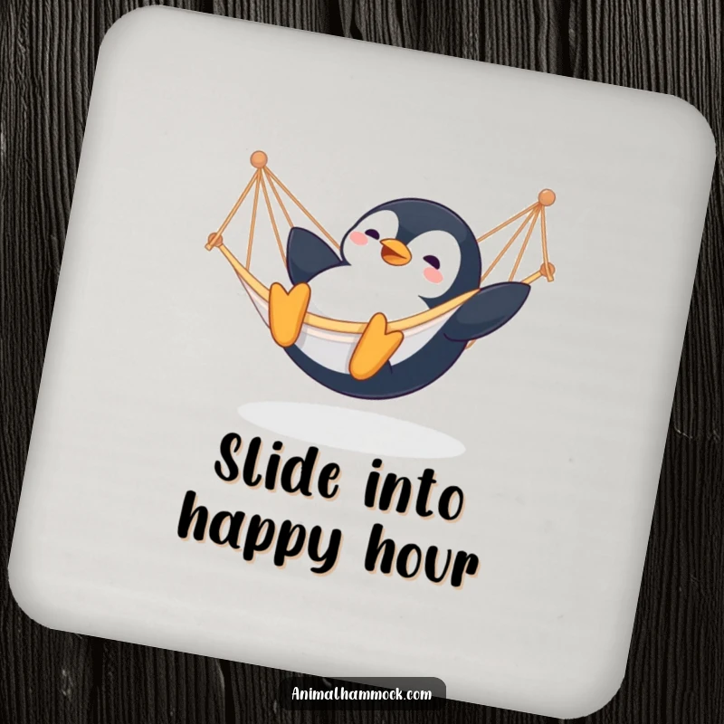 Funny Penguin Coasters: A set of coasters featuring a happy penguin sliding into a hammock, adding comedic charm and arctic protection.