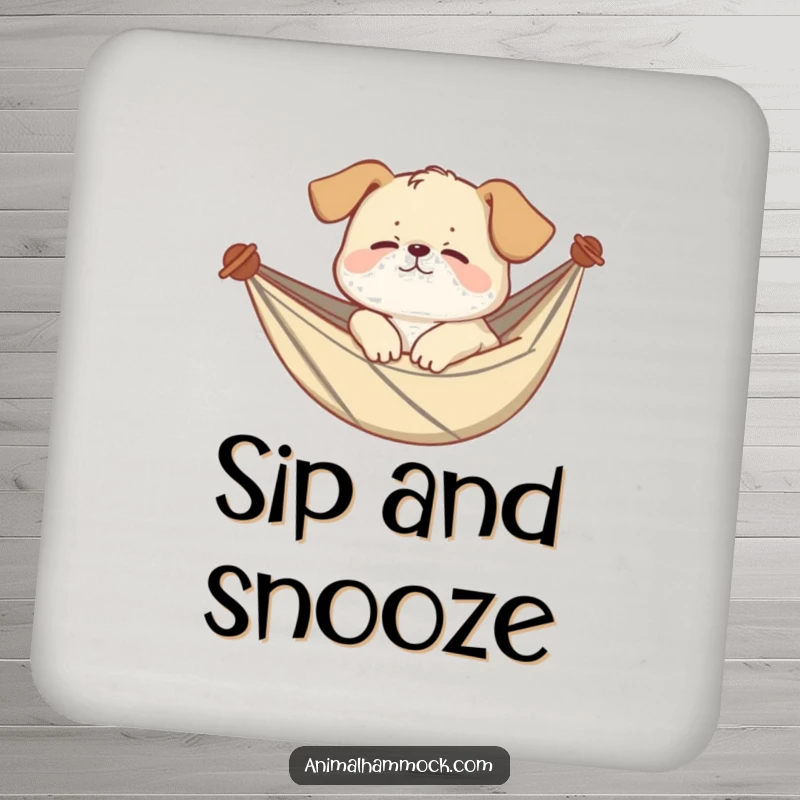 Funny puppy coasters featuring a giggling puppy sleeping soundly in a hammock, adding humor and protection to any surface. A delightful accessory.