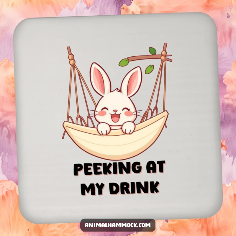 Funny rabbit drink coasters showing a joyful rabbit peeking over the edge of a hammock, adding relaxed character to your table.