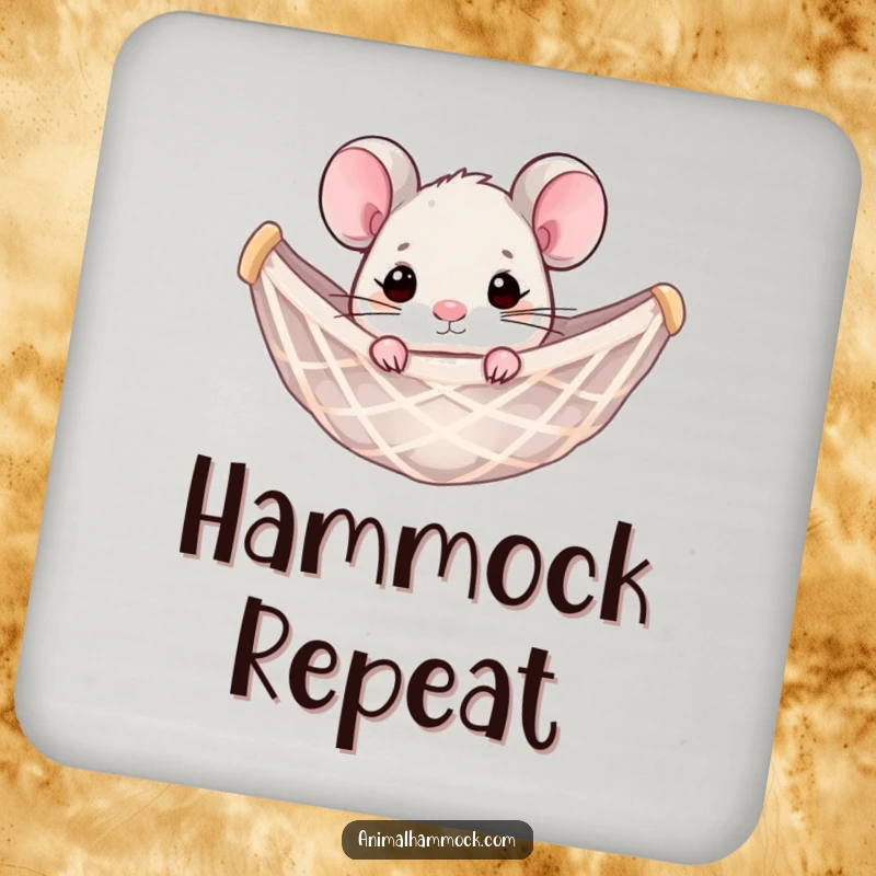 Funny mouse peeking from a hammock net, printed on a drink coaster. A small yet humorous home accessory.