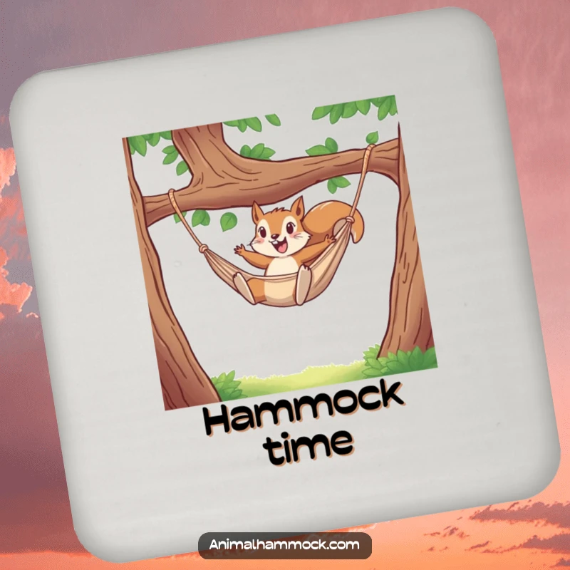 Funny coaster featuring a squirrel joyfully leaping into a hammock, adding a touch of playful decor and surface protection. Good gift.
