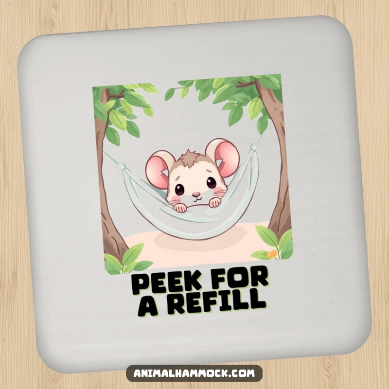 Funny curious mouse peeking from under a hammock blanket design on protective drink coasters, adding humor to any table.