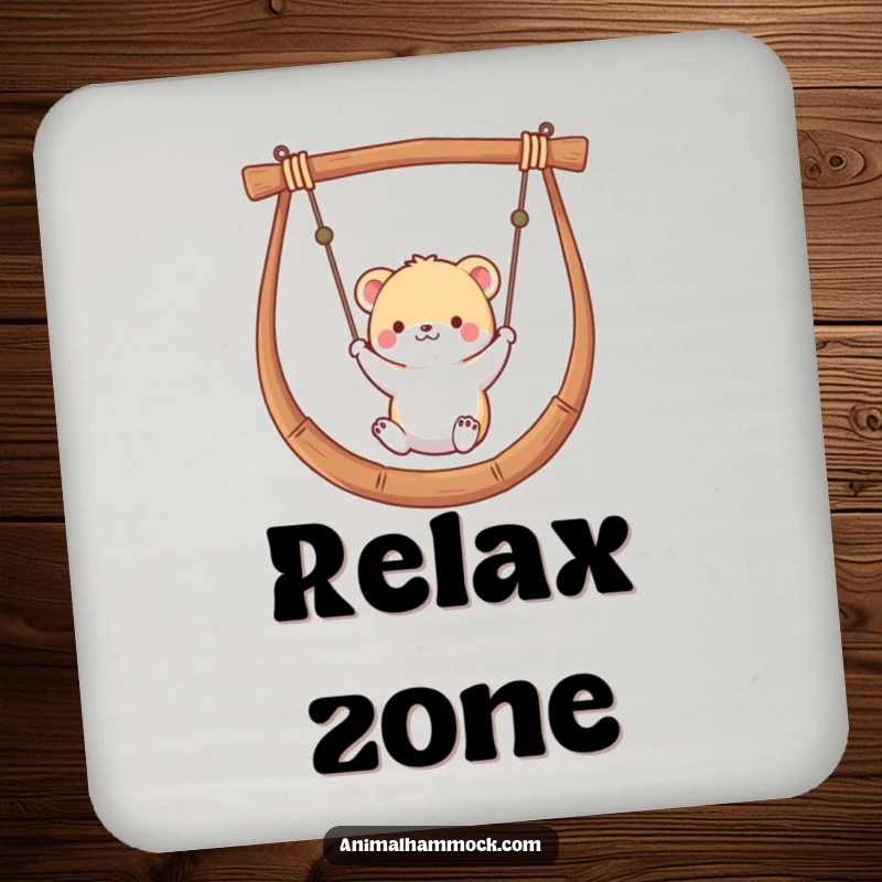 Funny drink coaster with a small animal gently swinging in a hammock, adding charm and protecting surfaces with a relaxed vibe.