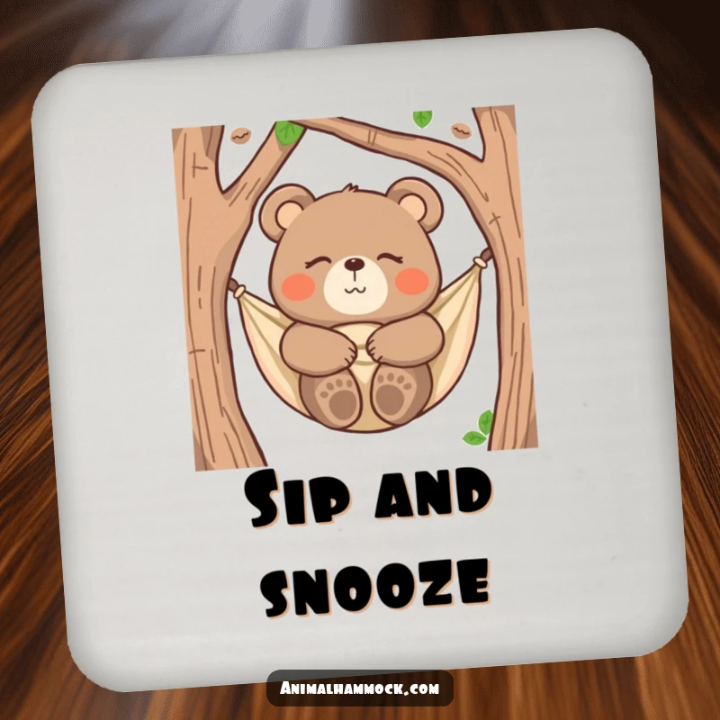 Funny bear coaster with a happy bear snuggled in a hammock, eyes closed, protecting surfaces with humorous relaxation.