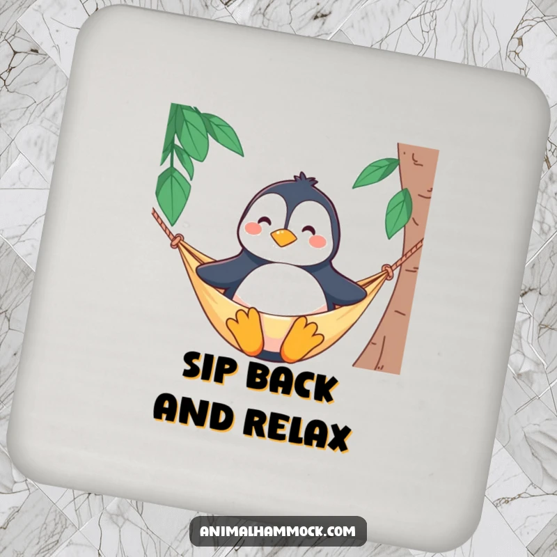 Funny drink coaster displaying a proud penguin character sitting upright and smiling in a hammock, adding a touch of humor.