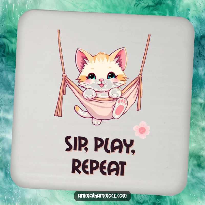 Funny kitten coasters featuring a playful kitten dangling from a hammock, adding humor and protection to any surface. A delightful accessory.