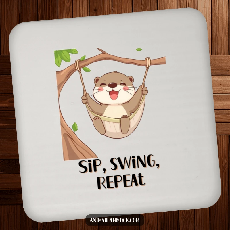 Funny Otter Swing Coaster featuring a joyful otter swinging in a hammock, protecting surfaces with aquatic charm and humor.