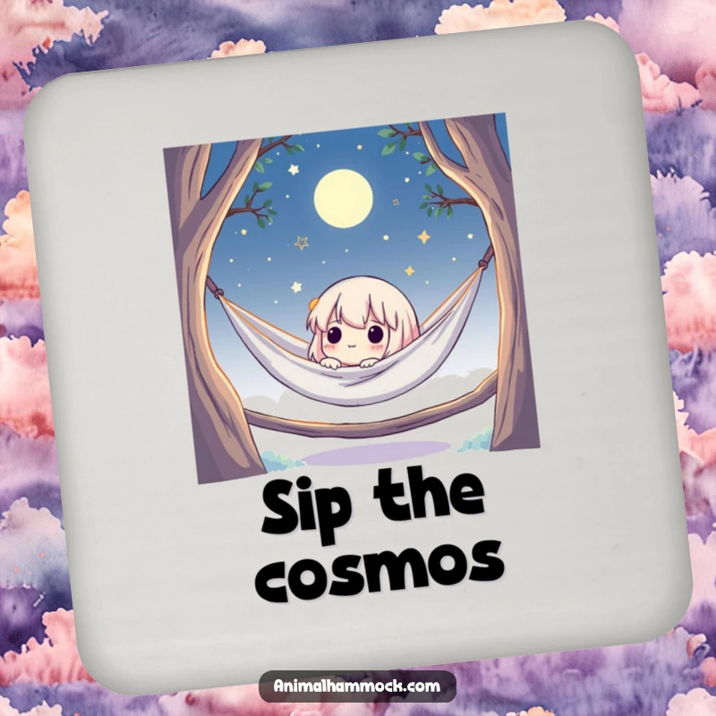 Funny drink coaster featuring a cute character in a hammock, gazing at a starry, moonlit sky, protecting furniture with style.