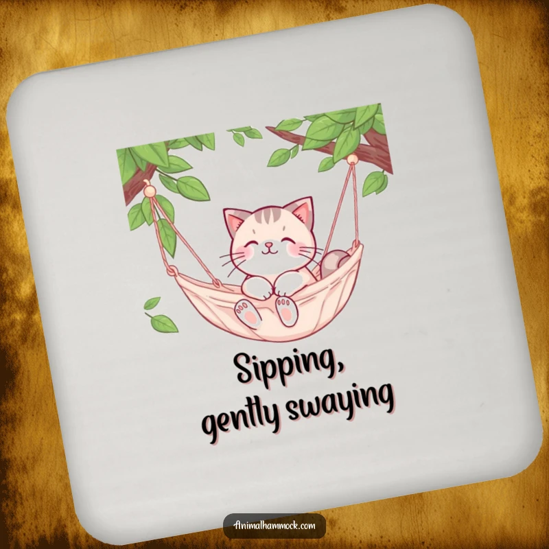 Funny Cat Coasters: Features a cute cat character relaxing in a swaying hammock, adding peaceful decor.