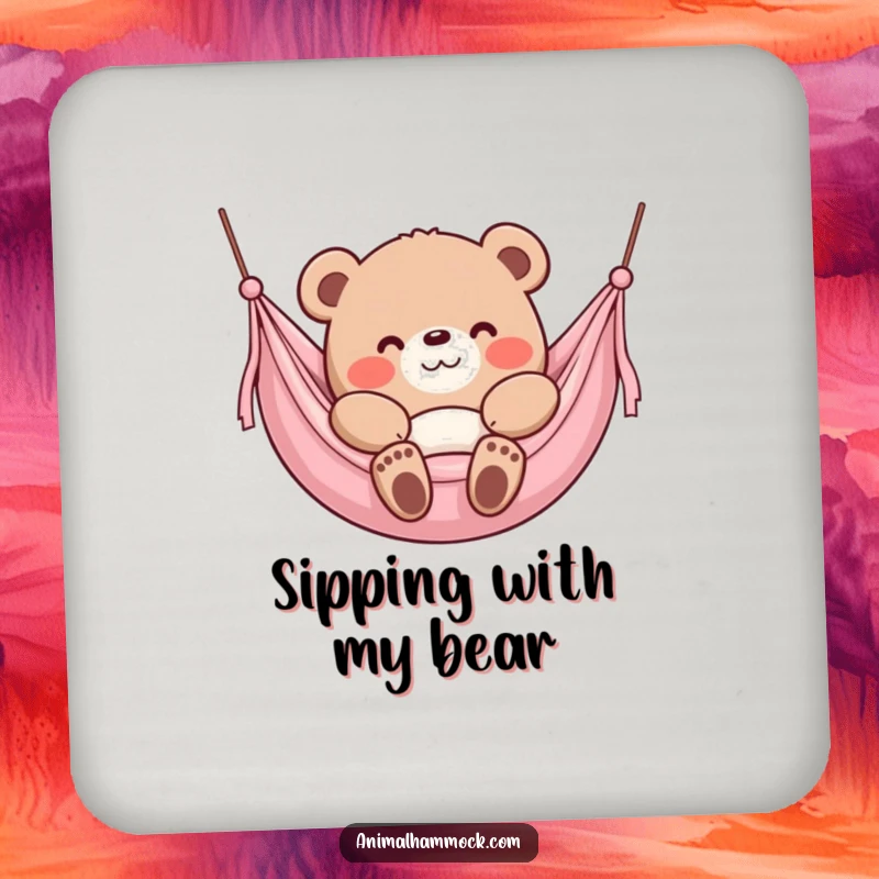Funny Bear Coasters, a content bear character sinking into a plush hammock with a smile, guarding surfaces with charm.