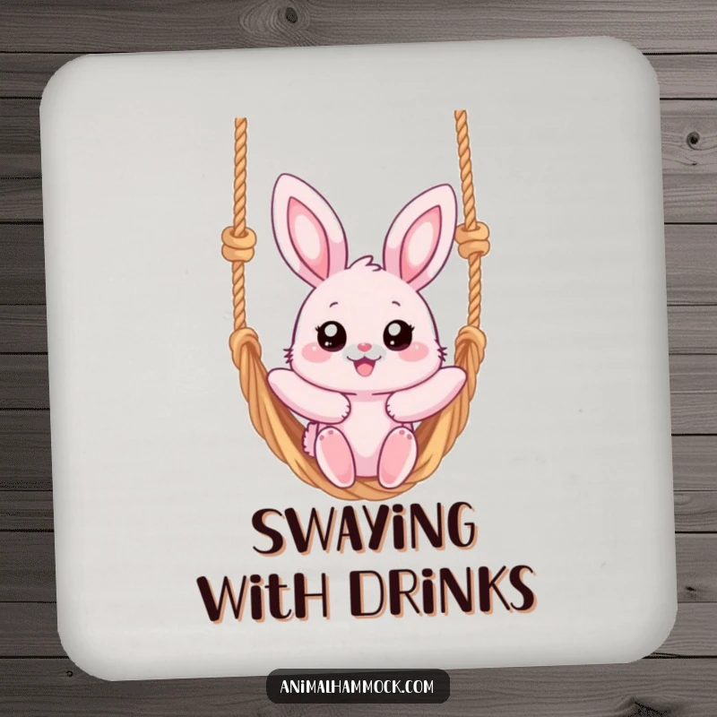 Funny coaster featuring a fluffy pink bunny with big eyes, joyfully swinging on a rope hammock, ready to catch drips.