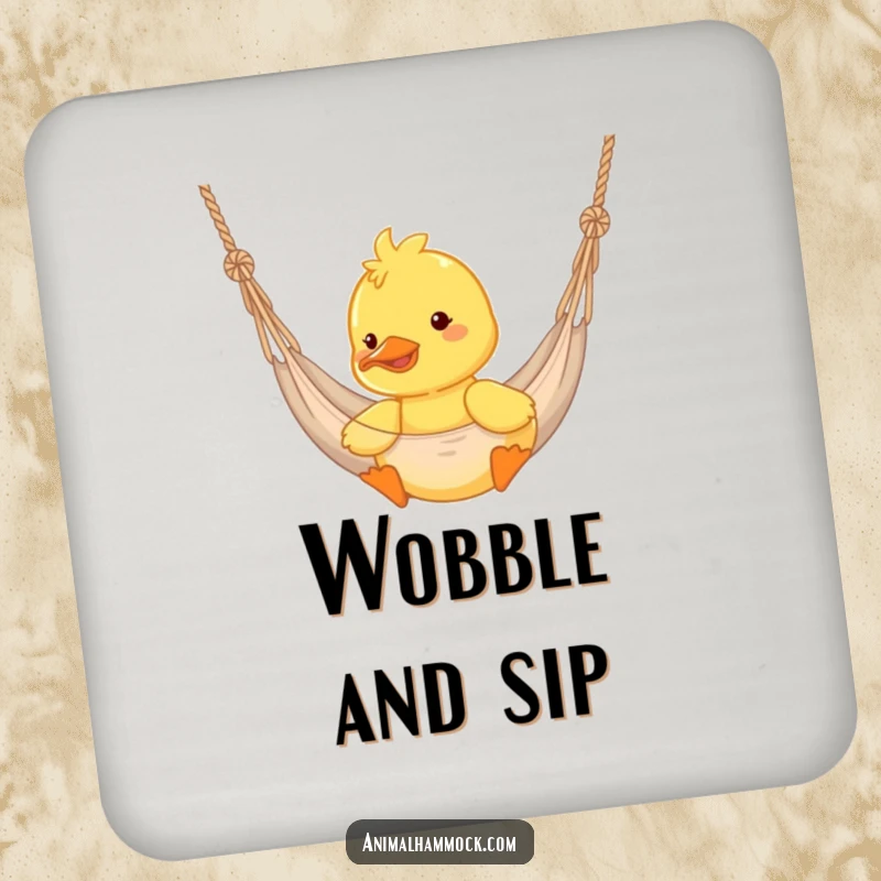 Funny duckling bouncing in a hammock on a drink coaster, a cheerful and protective accessory.