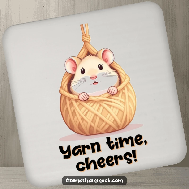 Funny hamster coaster with a curious hamster peeking from a tiny hammock made of yarn, protecting surfaces with humor, a great funny gift.