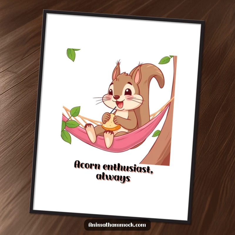 Funny Squirrel Poster: A humorous artwork of a squirrel snacking in a hammock, evoking comedic joy and woodland charm, perfect wall decor gift.