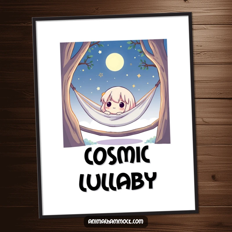 Funny poster showcasing a cute character relaxing in a hammock, gazing at a vast, moonlit starry sky, creating a serene ambiance.