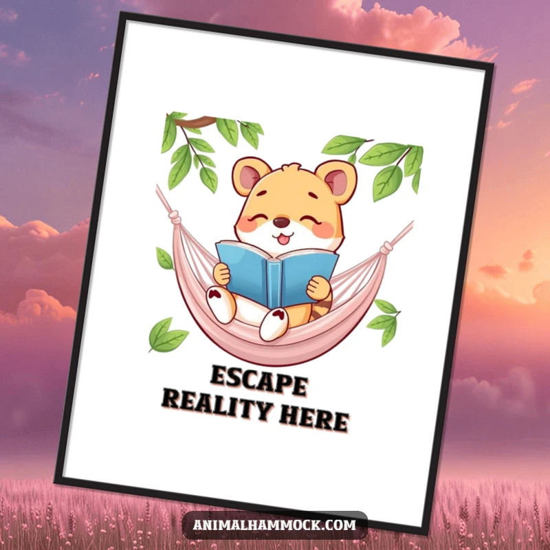 Funny poster of a happy animal engrossed in reading a book while lounging in a hammock, radiating hilarious intellectual curiosity and comfort.