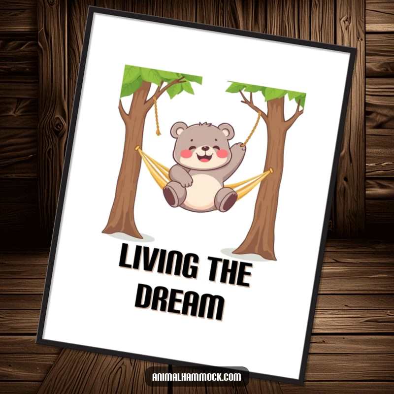 Funny chubby bear cub gleefully dangling from a hammock strung between two trees, creating adorable wall art.