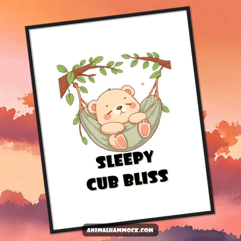 Funny Bear Cub Hammock Poster showing a content bear cub sleeping peacefully in a hammock, adding serene humor to wall decor.