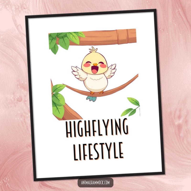 Funny poster artwork of a delighted bird character perched on the edge of a hammock, symbolizing peaceful enjoyment.