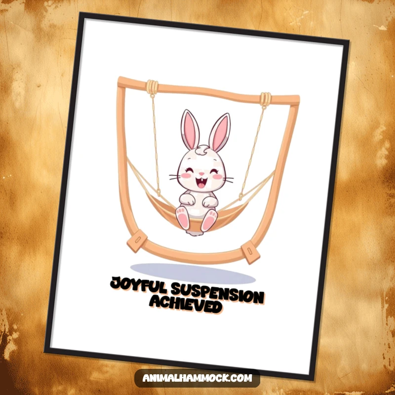Funny cheerful bunny joyfully bouncing in a swinging hammock, a vibrant and humorous piece of digital art for posters.