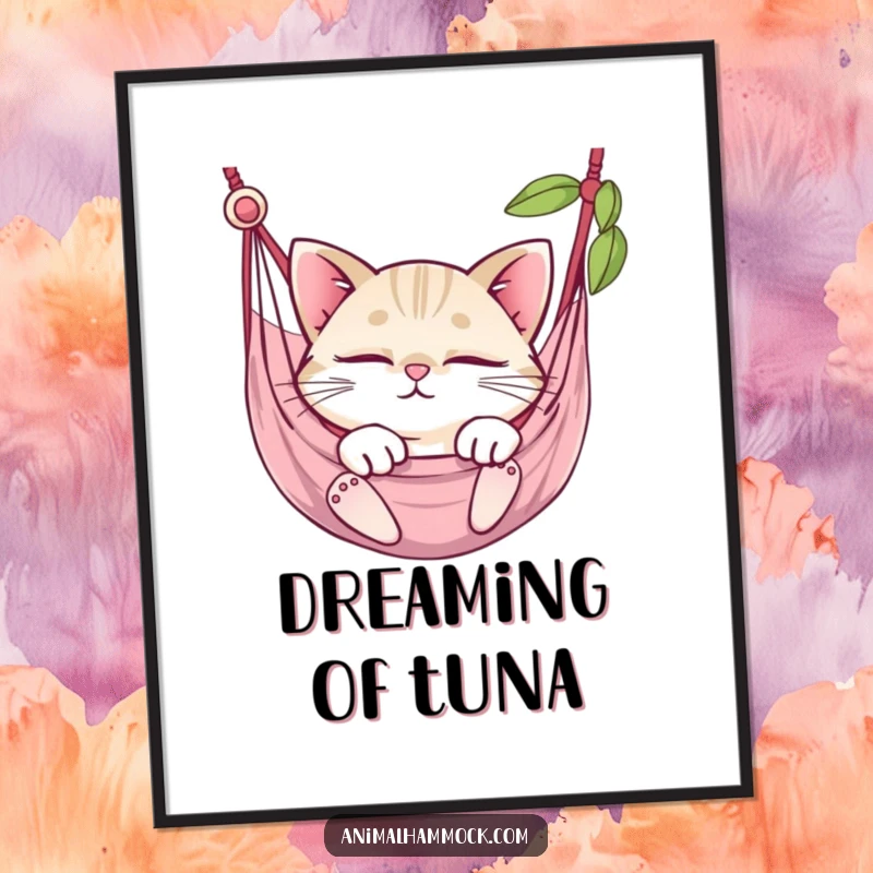 Funny round cat with sparkling eyes deeply asleep in a woven hammock, creating a serene and humorous wall art.