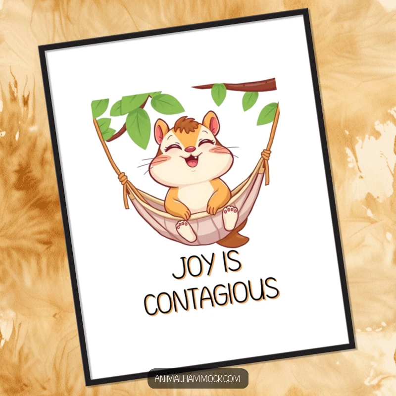 Funny chipmunk giggling with eyes closed in a hammock, displayed as a vibrant poster. A humorous and cheerful wall art.