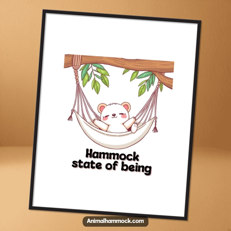 Funny poster of a cute animal luxuriously stretching and relaxing in a gently swaying hammock, embodying peacefulness and hilarious comfort.