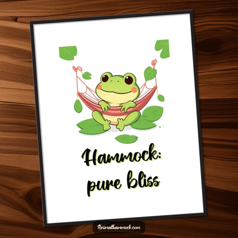 Funny green frog with a wide grin relaxing in a hammock surrounded by lily pads on a poster.