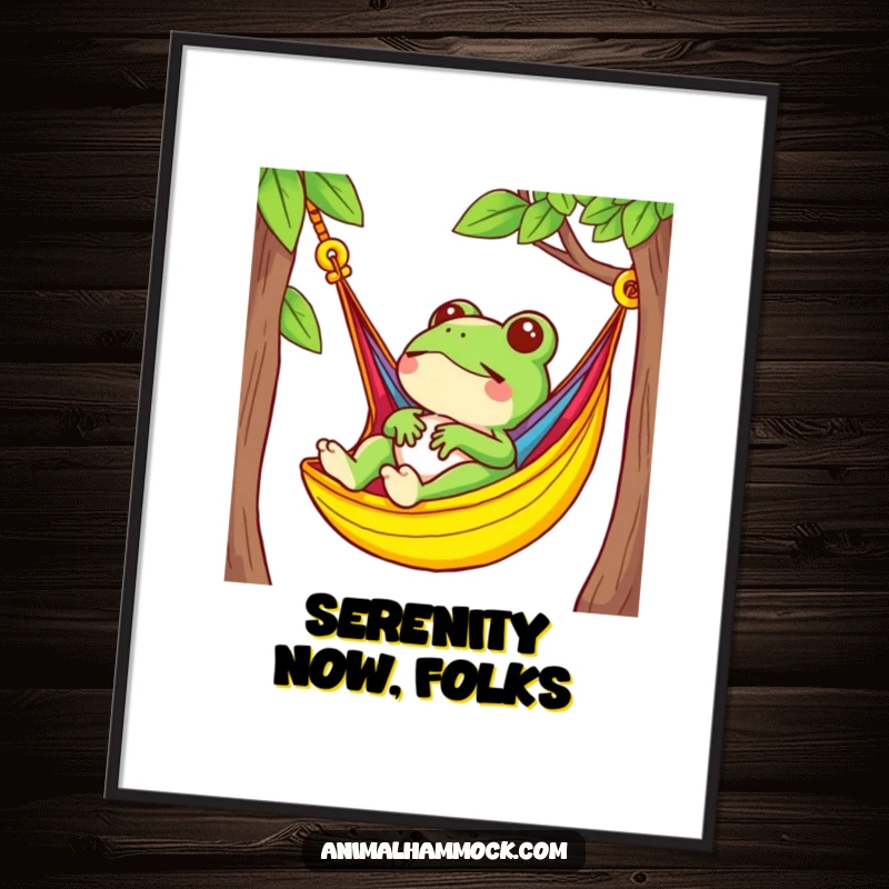 Funny, small frog happily relaxing in a bright, colorful hammock, presented as vibrant wall art for a cheerful space.