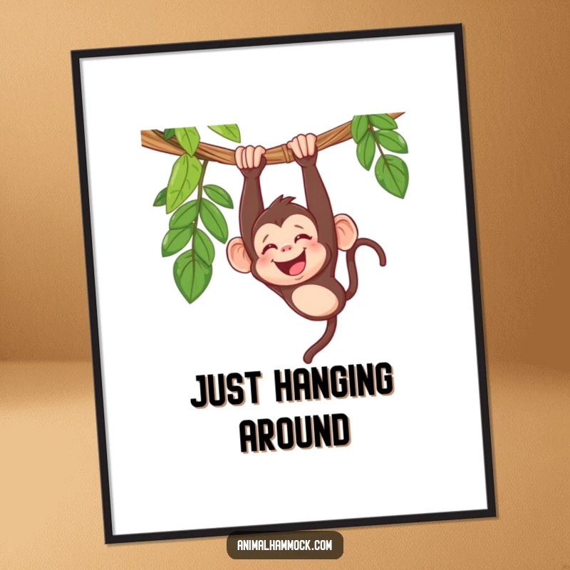Funny monkey poster featuring a giggling primate upside down in a hammock, creating a humorous and eye-catching piece of wall art.