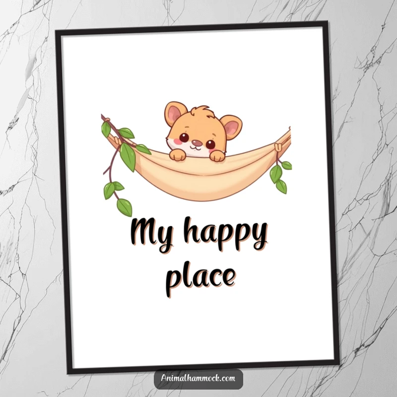 Funny poster art depicting a cute animal peering over a hammock, illustrating a moment of playful observation and relaxation.