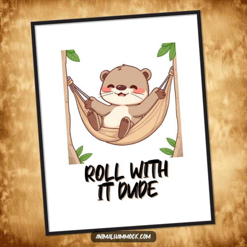 Funny Otter Poster, a playful otter character rolling around happily inside a hammock, bringing joyful energy to walls.