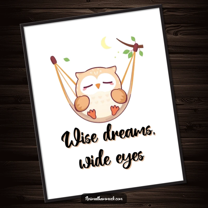 Funny, round owl happily dreaming and floating in a hammock, presented as whimsical wall art for a serene space.