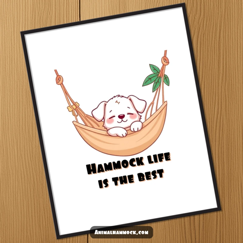 Funny puppy character peacefully napping in a swaying hammock, depicted as a humorous and heartwarming piece of wall art.